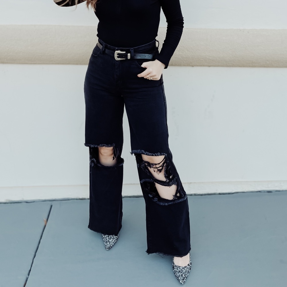 High waist wide leg ripped black jeans